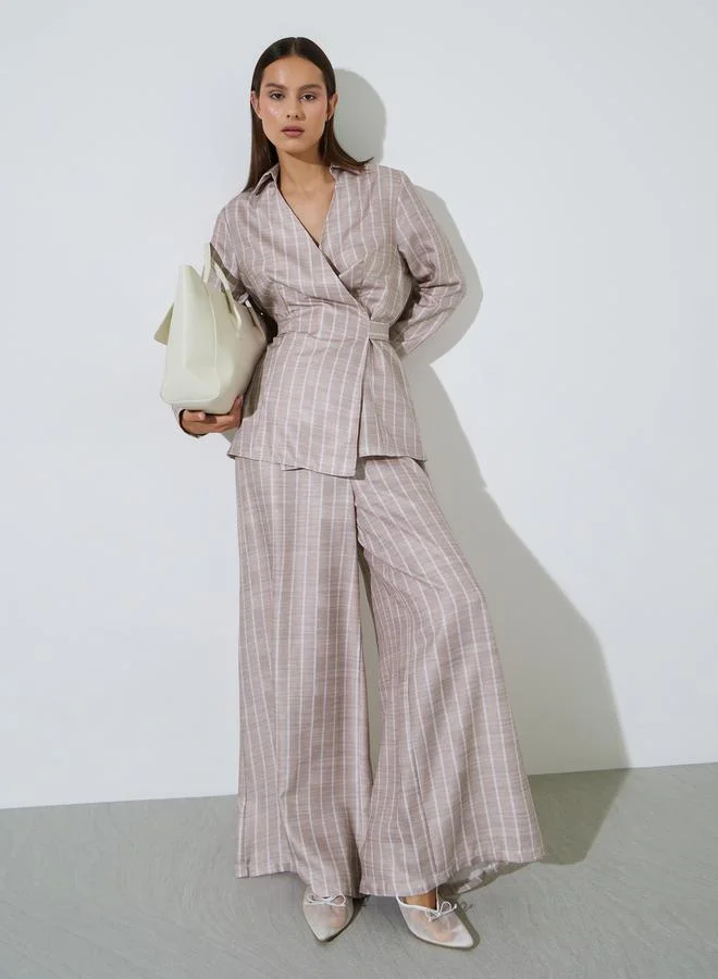 Striped Print Wrap Tie Shirt And Wide Leg Pants Set