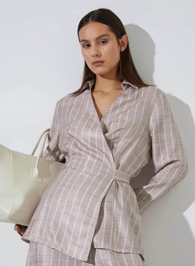 Styli Striped Print Wrap Tie Shirt And Wide Leg Pants Set