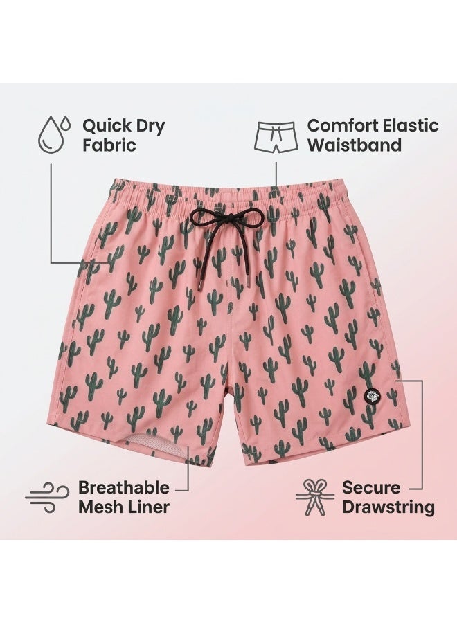 IceZone Men's Swim Trunks, Cactus Pink Desert Print, Quick Dry Swimming Shorts with Elastic Waistband - Image 2