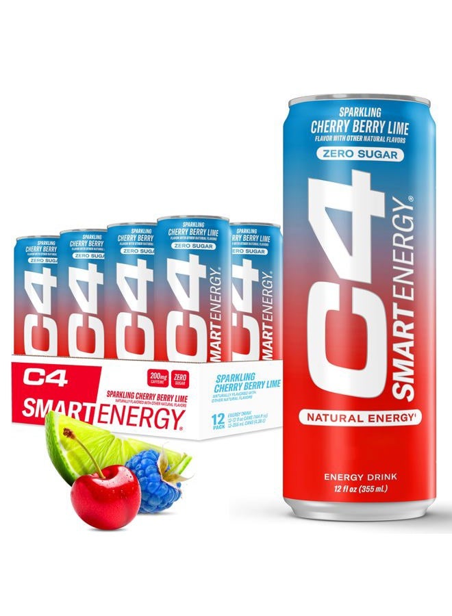 CELLUCOR C4 Smart Energy Drink – Boost Focus and Energy with Zero Sugar, Natural Energy, and Nootropics - 200mg Caffeine - Cherry Berry Lime (12oz Pack of 12) - Image 1