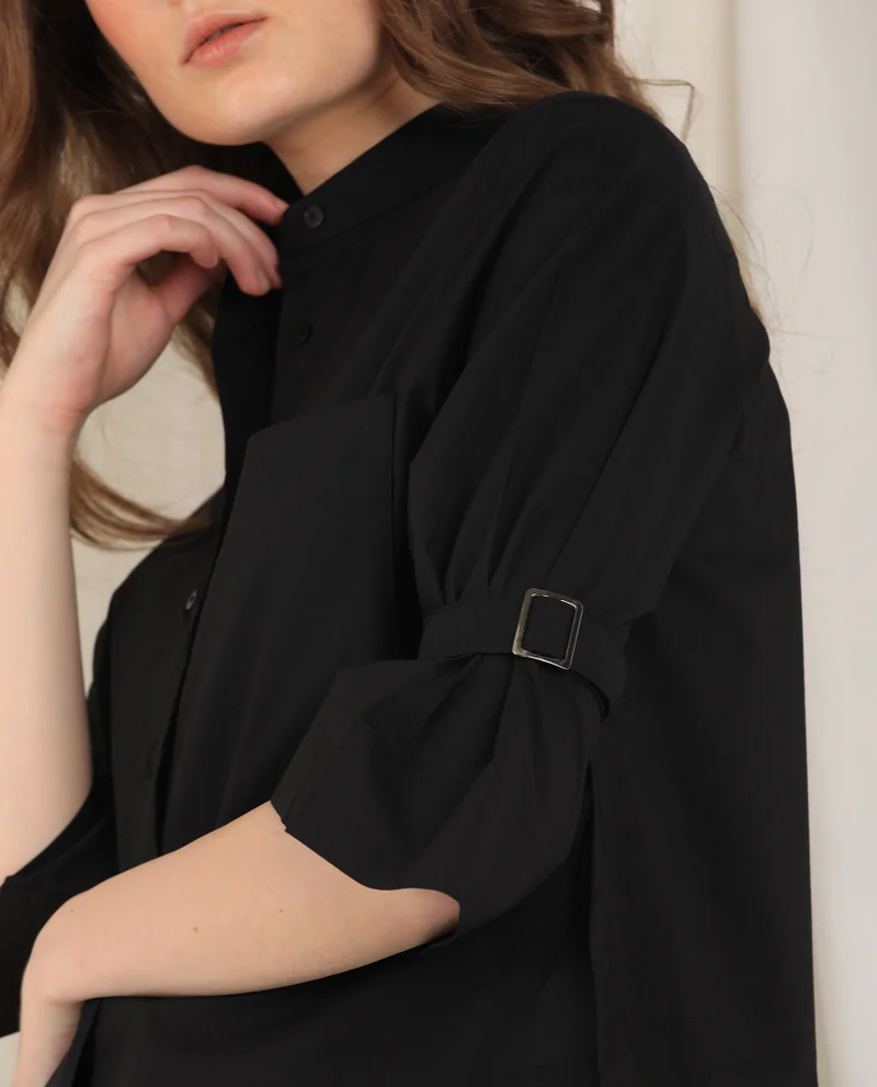 Rareism Women's Buckle Up Sleeve Crop Shirt