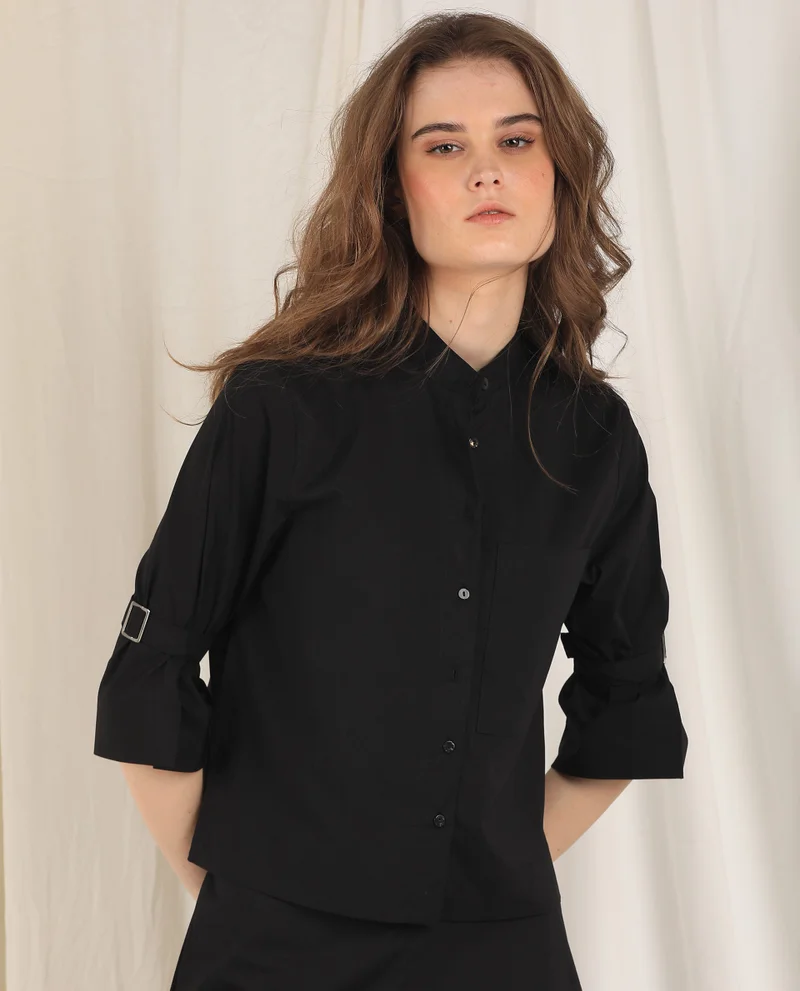 Rareism Women's Buckle Up Sleeve Crop Shirt