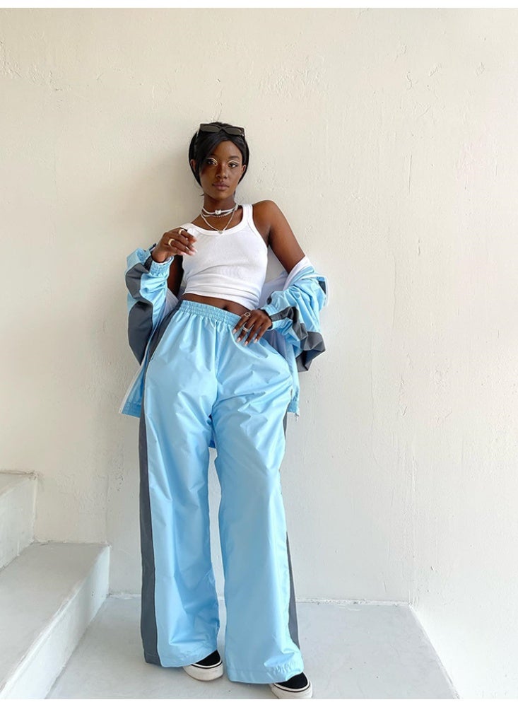 NIBEMINENT Retro Contrast Design 2 Piece Set Women Trendy Loose Zipper Jacket Elastic Waist Wide Leg Pants Casual Chic Tracksuit - Image 1