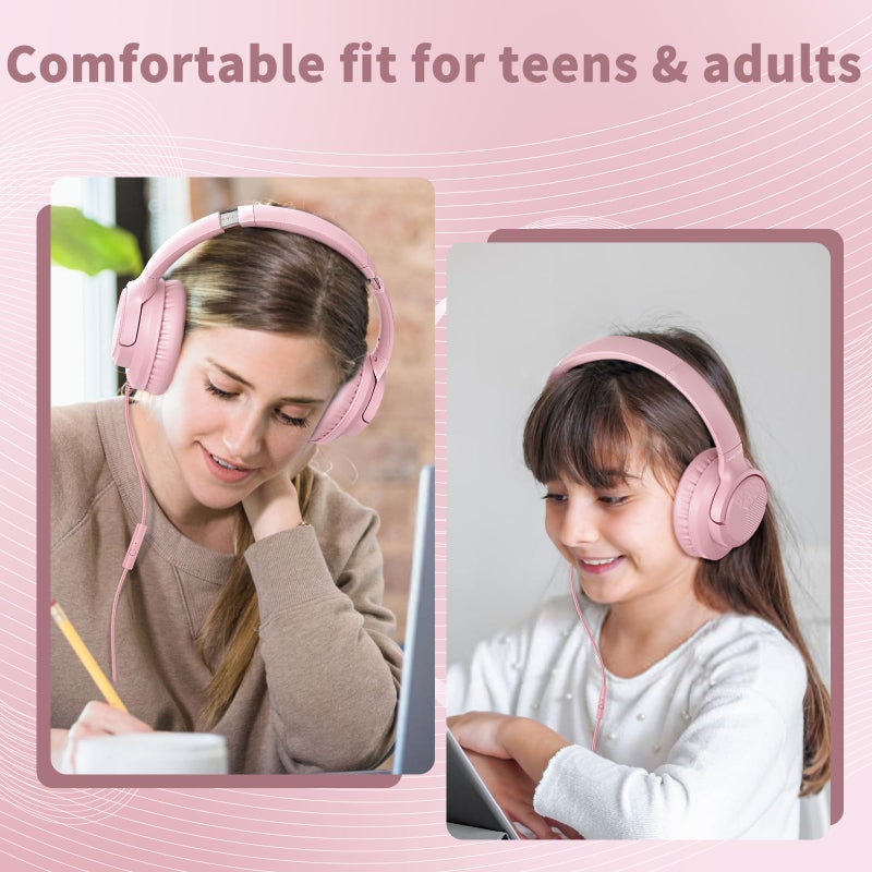 Botesty Sound Wired Headphones with Microphone, Over Ear 3.5mm Plug in Headphones with 4.9ft Tangle-Free Nylon Cord for Tablet, Laptop, MP3/4, School, Airplane Travel (Pink) - Image 2