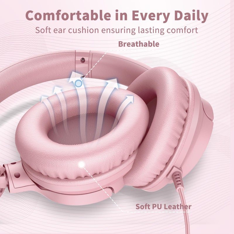 Botesty Sound Wired Headphones with Microphone, Over Ear 3.5mm Plug in Headphones with 4.9ft Tangle-Free Nylon Cord for Tablet, Laptop, MP3/4, School, Airplane Travel (Pink) - Image 3