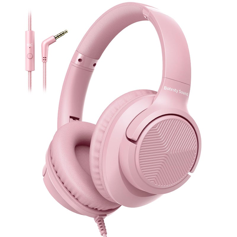 Botesty Sound Wired Headphones with Microphone, Over Ear 3.5mm Plug in Headphones with 4.9ft Tangle-Free Nylon Cord for Tablet, Laptop, MP3/4, School, Airplane Travel (Pink) - Image 1