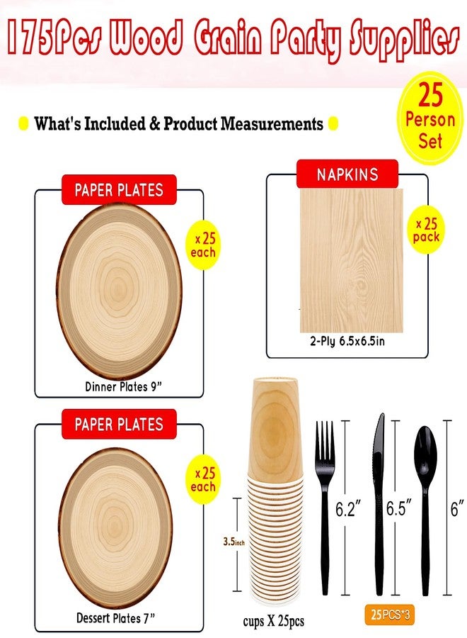 HSPAIDYP 175Pcs Wood Grain Party Supplies Rustic Wood Slice Party Set 9"& 7"Wood Plates Napkins Cup Knives Forks Spoons for Camp Fire Camping Woodland Animal Lumberjack Baby Shower Birthday Party Decor Serve25 - Image 3