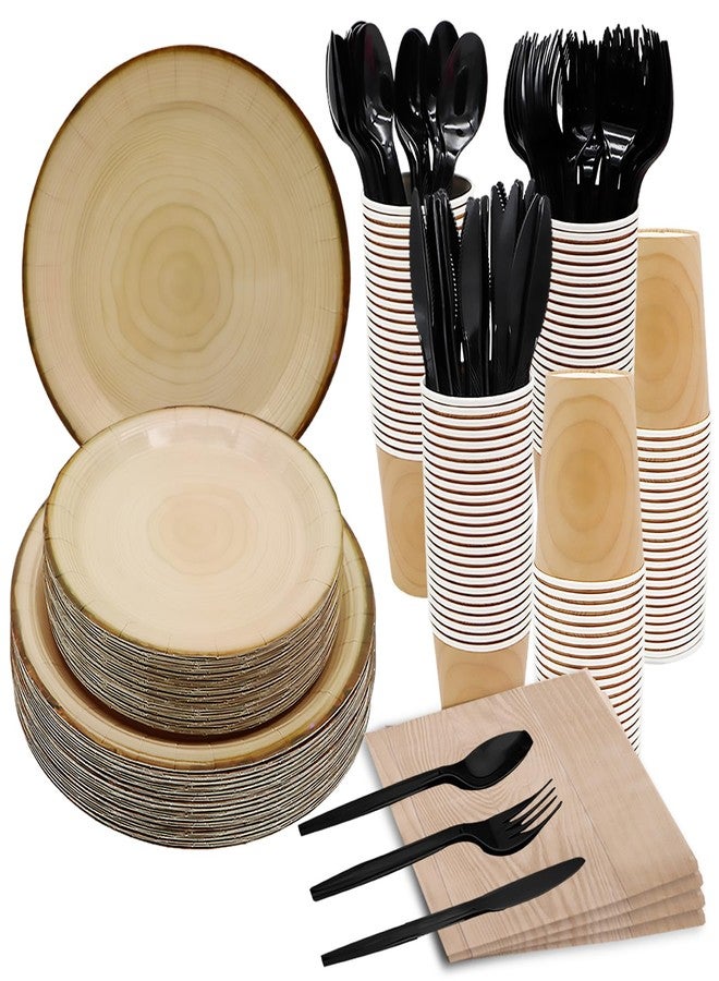 HSPAIDYP 175Pcs Wood Grain Party Supplies Rustic Wood Slice Party Set 9"& 7"Wood Plates Napkins Cup Knives Forks Spoons for Camp Fire Camping Woodland Animal Lumberjack Baby Shower Birthday Party Decor Serve25 - Image 1