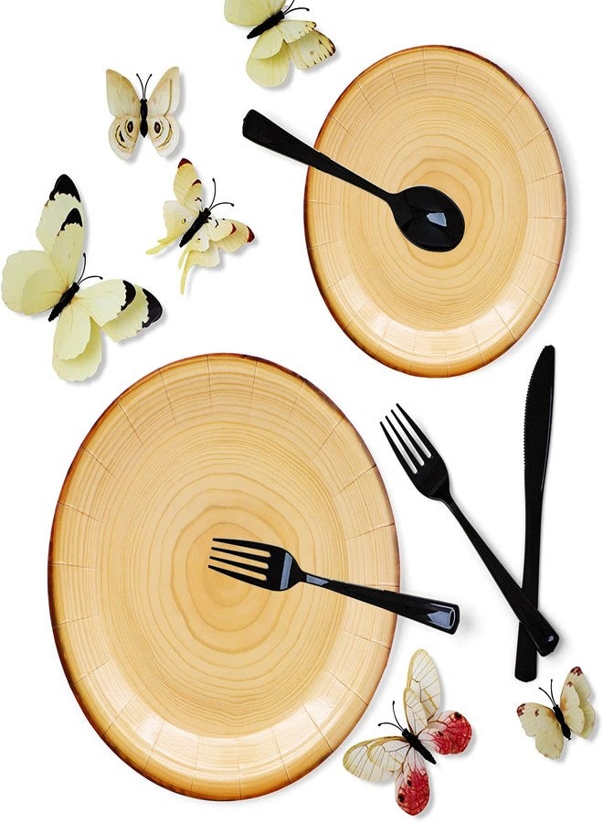 HSPAIDYP 175Pcs Wood Grain Party Supplies Rustic Wood Slice Party Set 9"& 7"Wood Plates Napkins Cup Knives Forks Spoons for Camp Fire Camping Woodland Animal Lumberjack Baby Shower Birthday Party Decor Serve25 - Image 4