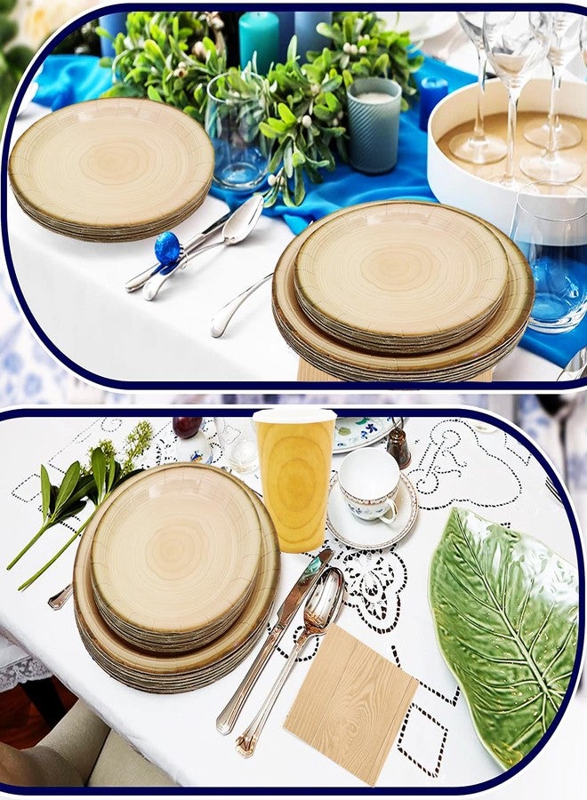 HSPAIDYP 175Pcs Wood Grain Party Supplies Rustic Wood Slice Party Set 9"& 7"Wood Plates Napkins Cup Knives Forks Spoons for Camp Fire Camping Woodland Animal Lumberjack Baby Shower Birthday Party Decor Serve25 - Image 2