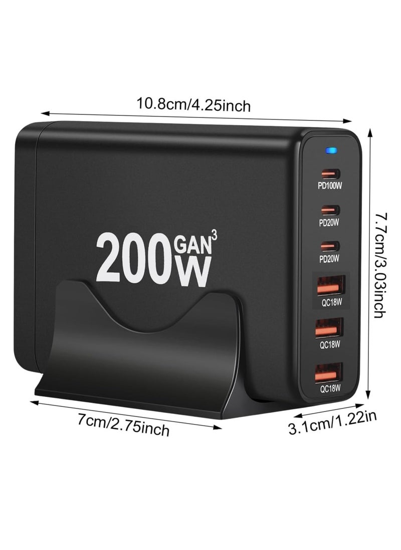 TecV - 200W USB C Charger Block Multiple Ports, GaN III USB Charging Station 6 Ports Hub, Multi Port for Laptop MacBook iPad iPhone 15 Galaxy Google Pixel Motorola Dell AirPods Switch - Image 1