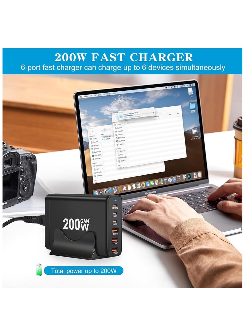 TecV - 200W USB C Charger Block Multiple Ports, GaN III USB Charging Station 6 Ports Hub, Multi Port for Laptop MacBook iPad iPhone 15 Galaxy Google Pixel Motorola Dell AirPods Switch - Image 1