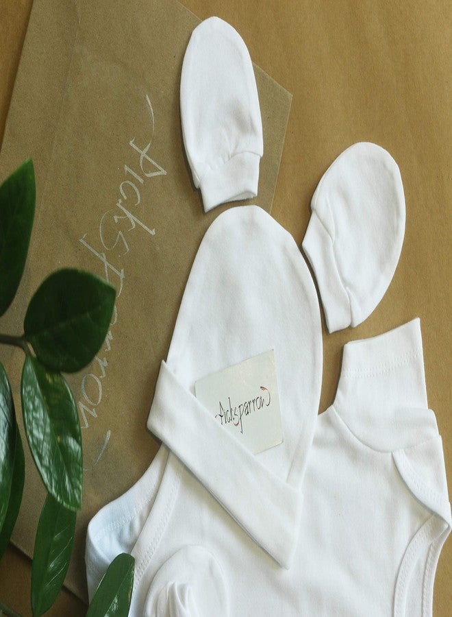 Picksparrow Cotton Newborn Baby Rompers, Cap, Booties, Mittens Set/Newborn Essentials (Solid White, Pack of 4) (Set of 4(Premium), 0-3 Months) - Image 3