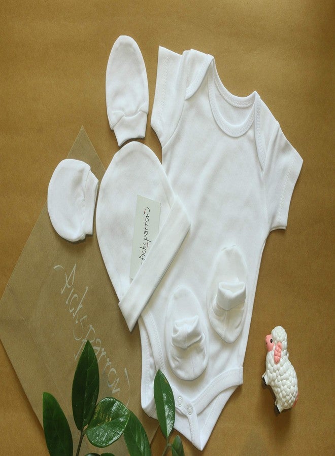 Picksparrow Cotton Newborn Baby Rompers, Cap, Booties, Mittens Set/Newborn Essentials (Solid White, Pack of 4) (Set of 4(Premium), 0-3 Months) - Image 2