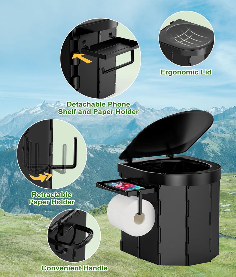 PAHTTO Portable Camping Toilet with Privacy Popup Tent, Porta Potty for Adults with 2-in-1 Phone Shelf &Toilet Paper Holder, Multifunctional for Car, Camping, Hiking, RV Travel, Road Trip, Outdoor Activities - Image 2