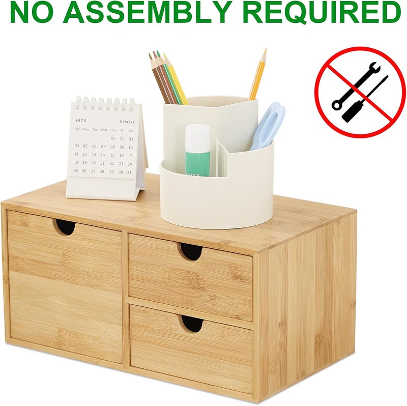 Wisuce Bamboo Desk Organizer - Mini Desktop Drawer Tabletop Storage Organization Box for Office Home Toiletries Supplies, No Assembly Required (3 Drawer with big drawer) - Image 4