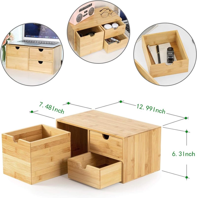 Wisuce Bamboo Desk Organizer - Mini Desktop Drawer Tabletop Storage Organization Box for Office Home Toiletries Supplies, No Assembly Required (3 Drawer with big drawer) - Image 3