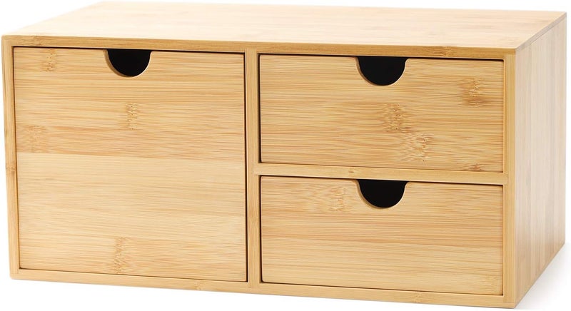 Wisuce Bamboo Desk Organizer - Mini Desktop Drawer Tabletop Storage Organization Box for Office Home Toiletries Supplies, No Assembly Required (3 Drawer with big drawer) - Image 1