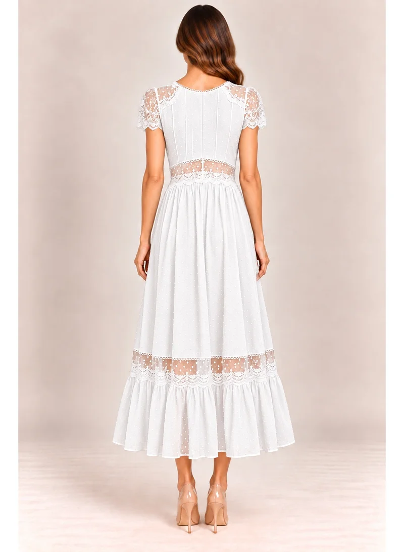 2Trendy Women's White Midi Dress with Lace Details and Short Sleeves