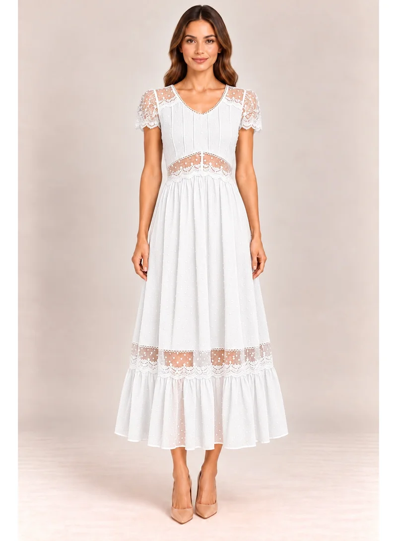 2Trendy Women's White Midi Dress with Lace Details and Short Sleeves