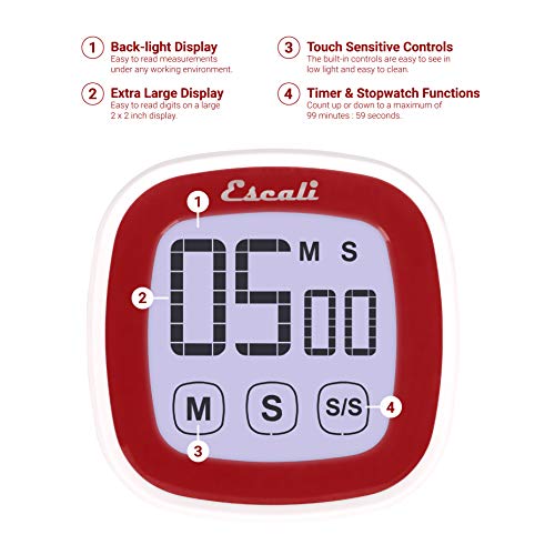 Escali Touch Screen LCD Display Digital Timer, Easy to Read and Touch Sensitive Controls Battery Saving, Red - Image 2
