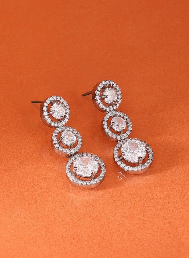 Ami Silver Tone Dazzling Cubic Zirconia Embellished Bling Brass Drop Earrings For Women-ZPFK19490 - Image 2