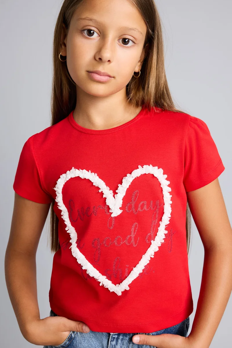 ديفاكتو Girl Regular Fit Heart Printed Crew Neck Short Sleeve T-Shirt