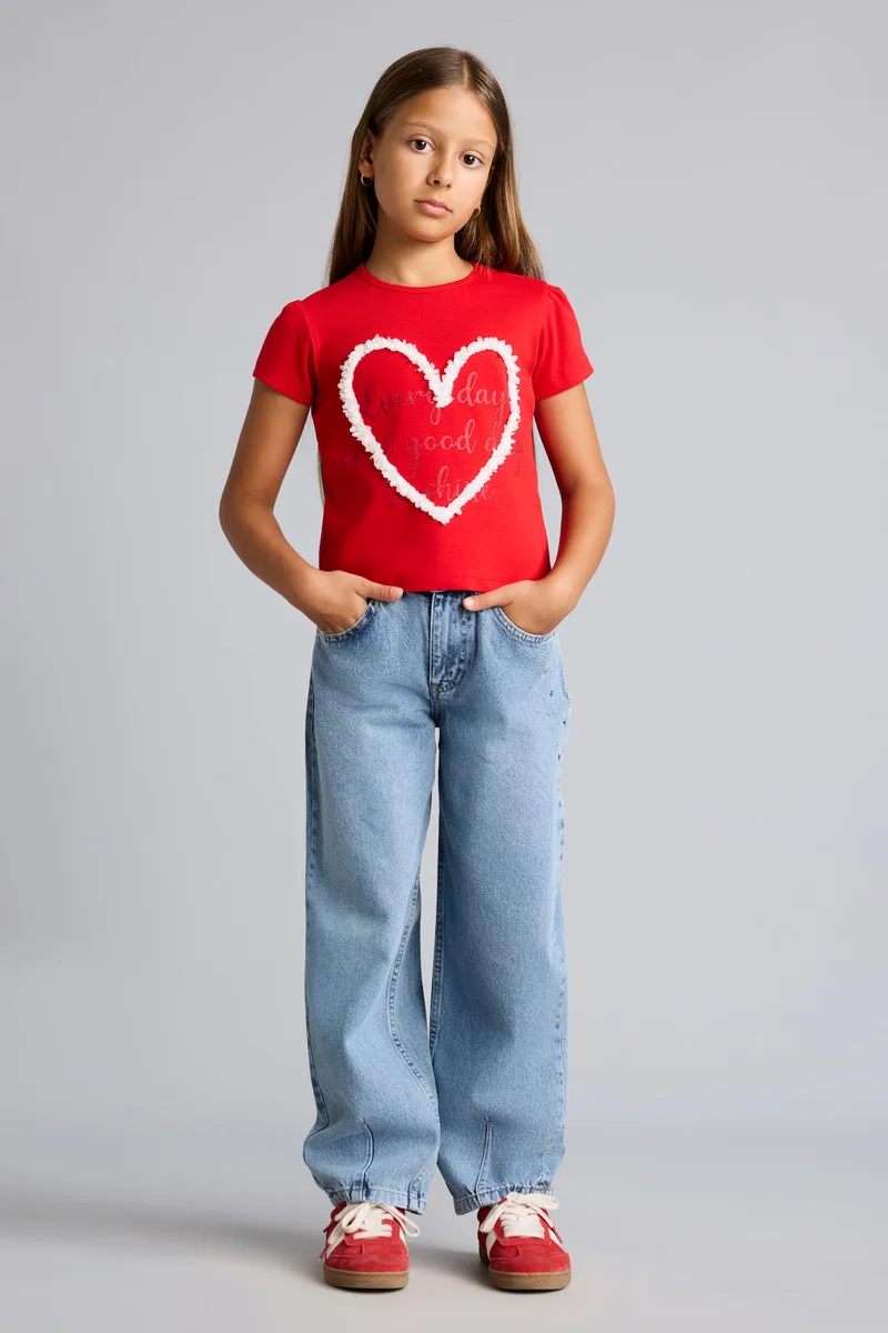 ديفاكتو Girl Regular Fit Heart Printed Crew Neck Short Sleeve T-Shirt