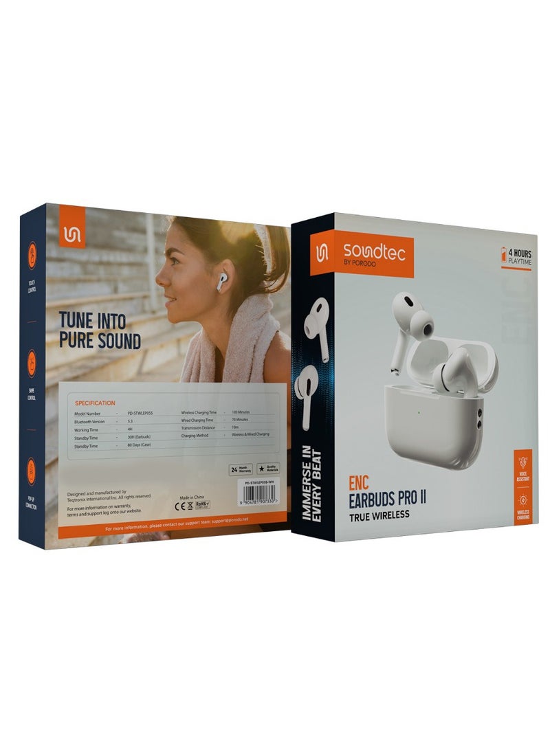 porodo - True Wireless Earbuds Pro 2 with Environmental Noise Cancellation (ENC) / Touch Control / Voice Assistant / Wireless Charging / Pop-Up Connection - White - Image 1