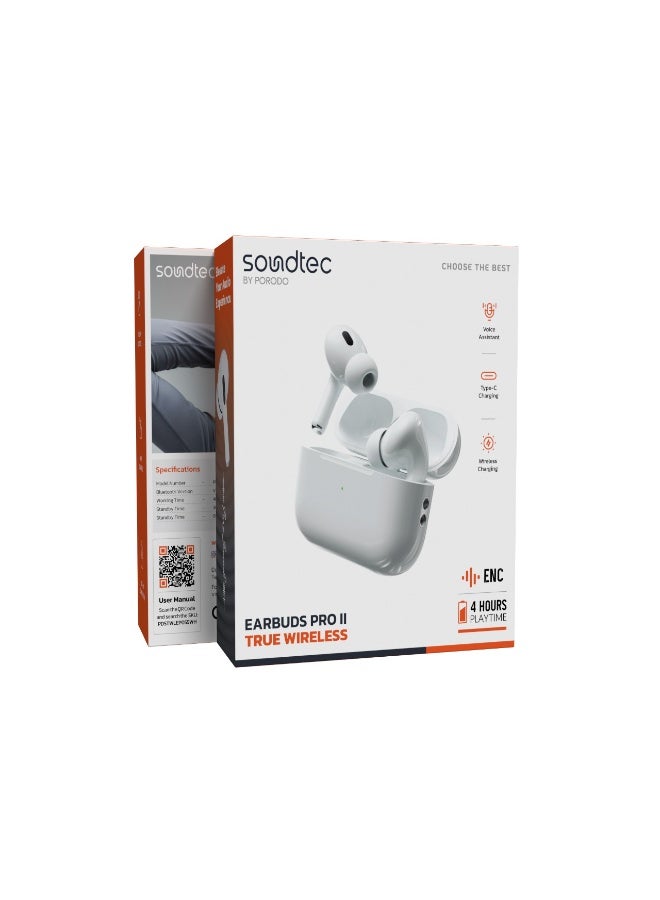 porodo True Wireless Earbuds Pro 2 with Environmental Noise Cancellation (ENC) / Touch Control / Voice Assistant / Wireless Charging / Pop-Up Connection - White - Image 4