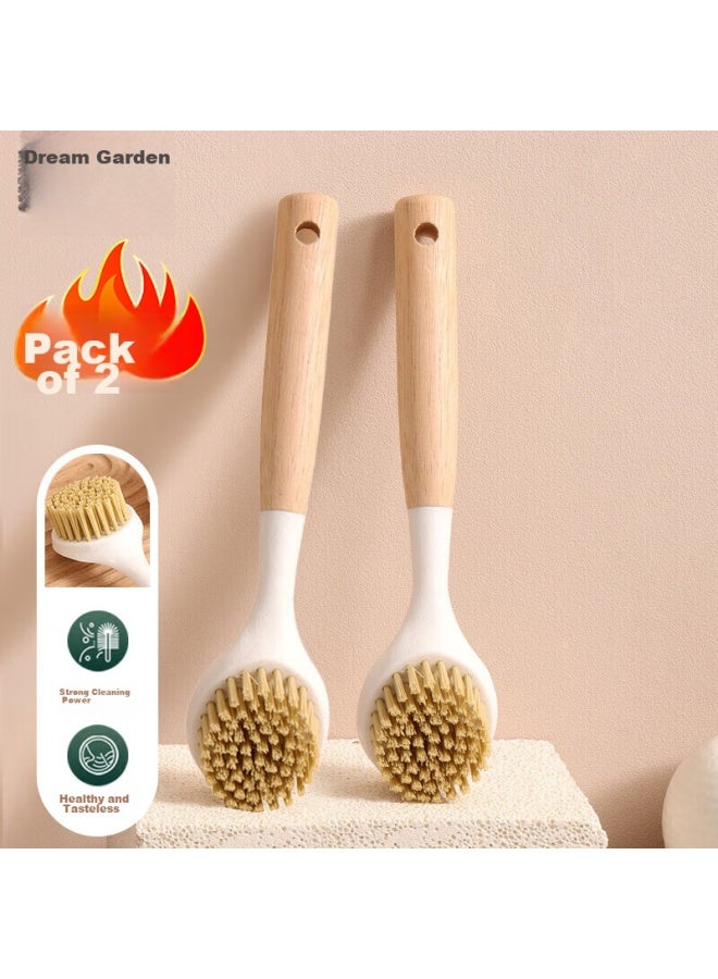 Mengting Long-handled Pot Scrubber, Household Small Brush, Kitchen Non-stick Pan Cleaning Tool, Wooden Handle Pot Brush, Cleaning Miracle, Two-pack - Image 1
