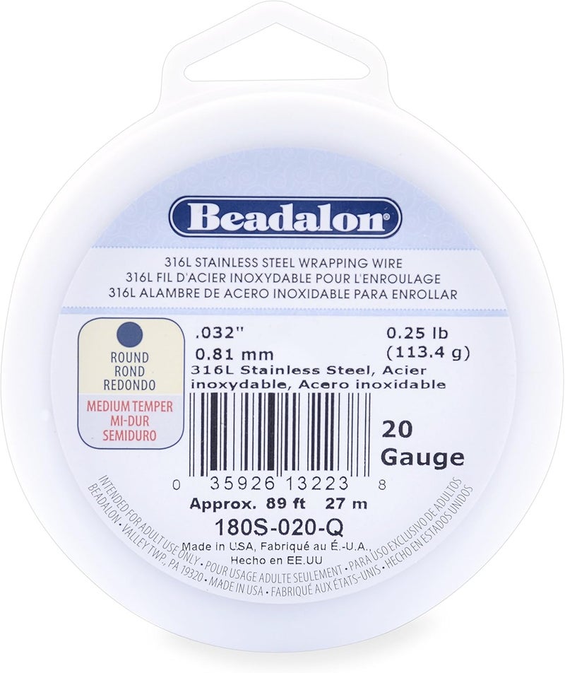 Beadalon سلك لف من الفولاذ المقاوم للصدأ 316L من بيدالون، قياس 20، بطول 89 قدم، وزن 14 رطل - Image 1