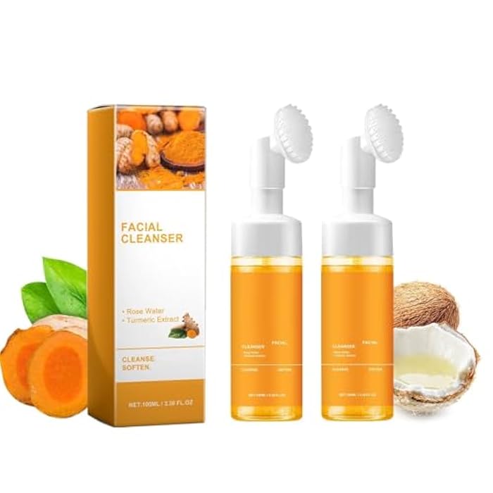 Yaper 2 Pcs Turmeric Foaming Face Wash,Deep Cleansing and Exfoliating Glow Wash Turmeric Facial Cleanser With Brush. - Image 1