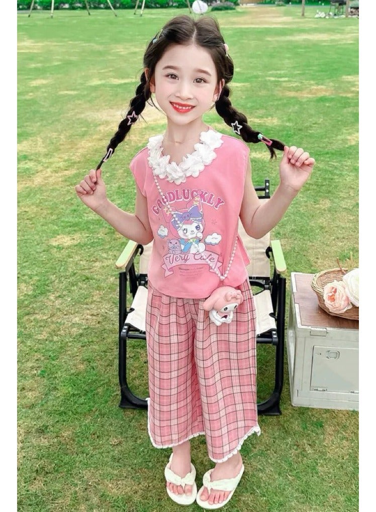 kuromi Children's Summer Dress Girl Set Cartoon Kulomi Top Pants 2 Piece Set 6-8 Years Old (130cm) - Image 1
