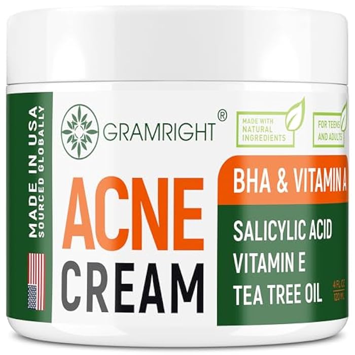 GRAMRIGHT Acne Face Cream - Acne Spot Treatment for Face & Acne Dots - Tea Tree Oil & Salicylic Acid - Natural Cystic Acne Treatment - Made in USA - For All Skin Types - Acne Scar Cream & Pimple Remover 4 fl.oz - Image 1
