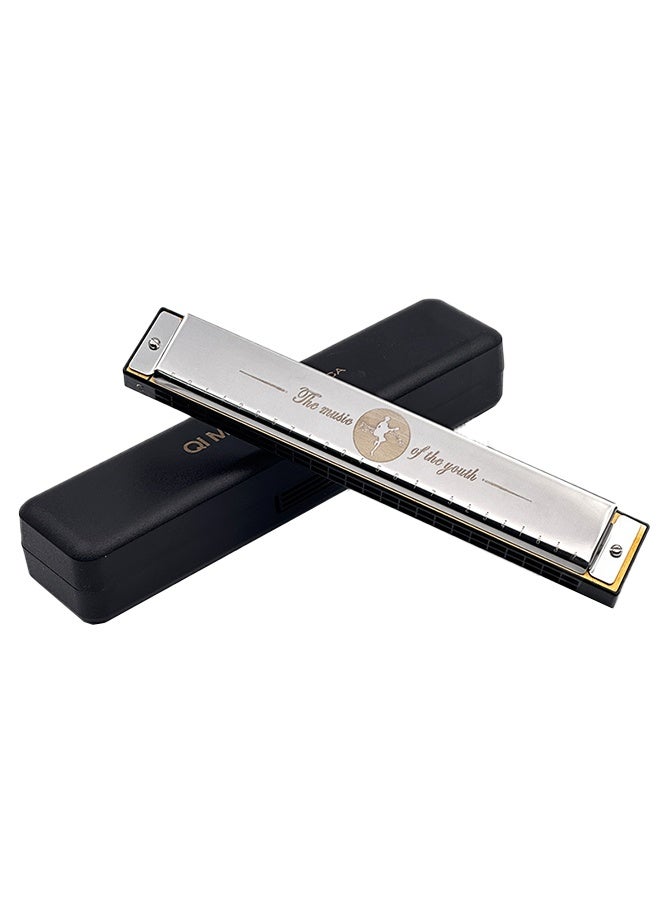 QIMEI 24 Hole Professional Harmonica, Key of C Tremolo Harmonica for Beginners Adults Kids, Easy to Play Instrument, Silver - Image 1