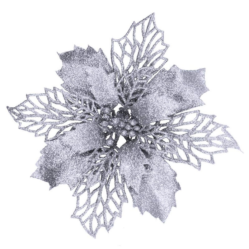 24 Pcs Christmas Silver Glittered Mesh Holly Leaf Artificial Poinsettia Flowers Picks Tree Ornaments 59 W for Silver Christmas Tree Wreath Garland Floral Gift Winter Wedding Holiday Decoration