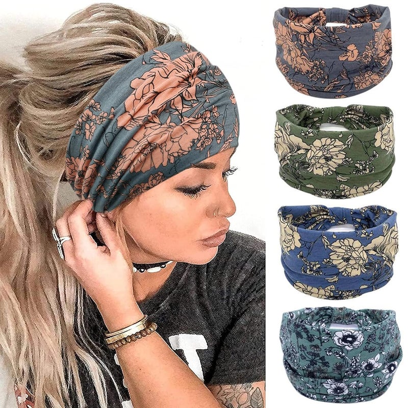 YONUF Wide Boho Headbands for Women Fashion Knotted Headband Yoga Workout Hair Accessories African Head Wrap 4 Pack - Image 1