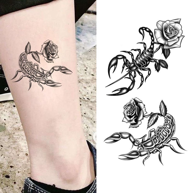 Oottati مجموعة ملصقات وشم مؤقت صغيرة لطيفة من 2 - تصميمات زهرة الورد والعقرب الأسود المخيف لليد والرقبة والوجه والمعصم، فن جسم مزيف مقاوم للماء، ملصقات جلدية بسيطة وعصرية للجنسين