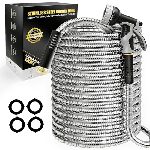 Lefree 125ft Stainless Steel Garden Hose - No-Kink Leak-Proof Crush Resistant, Dog Chew Proof with Upgraded Protective Rubber Sleeve, 10-Function Nozzle for Large Yard, Gardening, RV, Pet Bath - Image 1