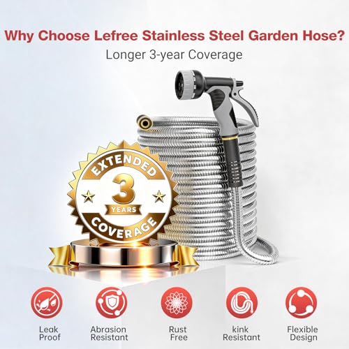 Lefree 125ft Stainless Steel Garden Hose - No-Kink Leak-Proof Crush Resistant, Dog Chew Proof with Upgraded Protective Rubber Sleeve, 10-Function Nozzle for Large Yard, Gardening, RV, Pet Bath - Image 2