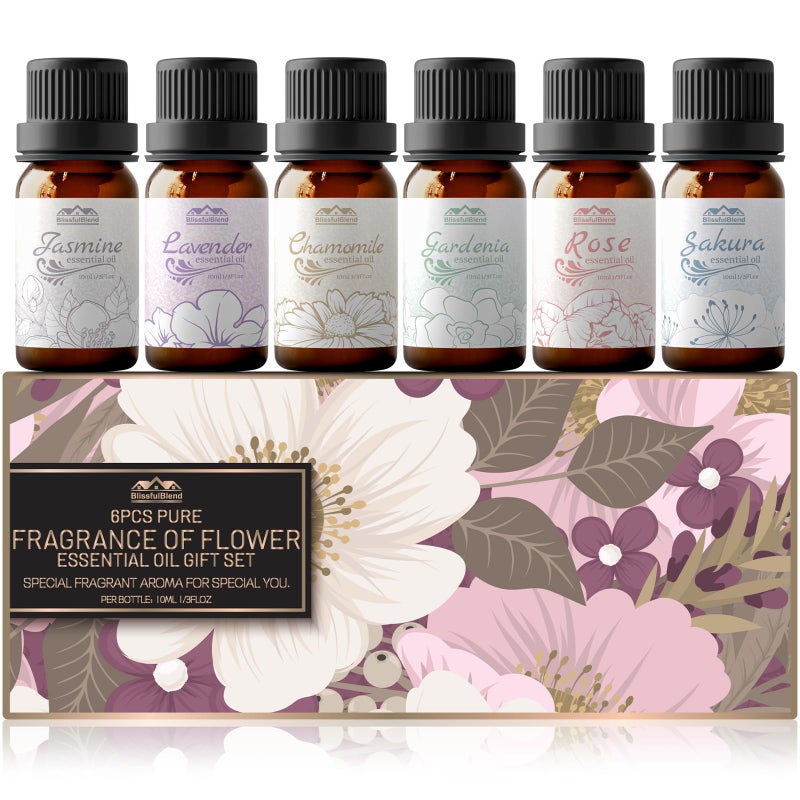 BlissfulBlend Essential Oils for Diffuser for Home and Hotel, Lavender, Jasmine, Rose, Chamomile, Sakura and Gardenia, Spring Premium Pure Flower Fragrance Essential Oil Set for Gifts-6Ã—10ML - Image 1
