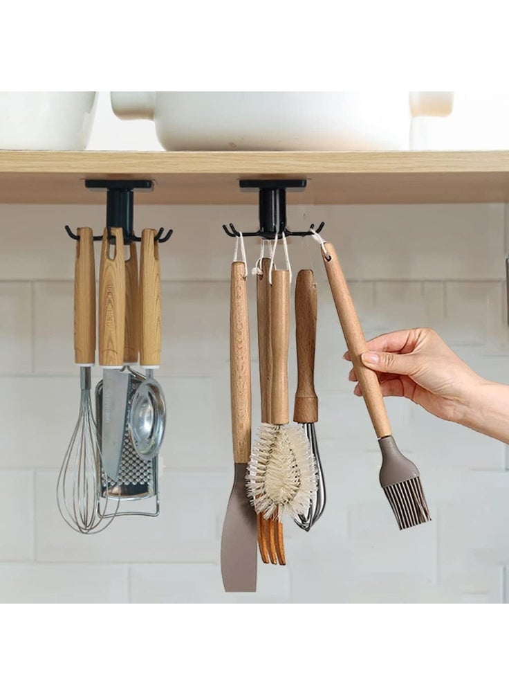 2pcs Under Cabinet Kitchen Utensil Hooks,360° Rotating Drilling Free Adhesive Utensils Hanging Rack for Tools/Towel/Knife (Black) - Image 1