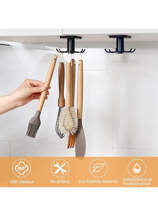 2pcs Under Cabinet Kitchen Utensil Hooks,360° Rotating Drilling Free Adhesive Utensils Hanging Rack for Tools/Towel/Knife (Black) - Image 2