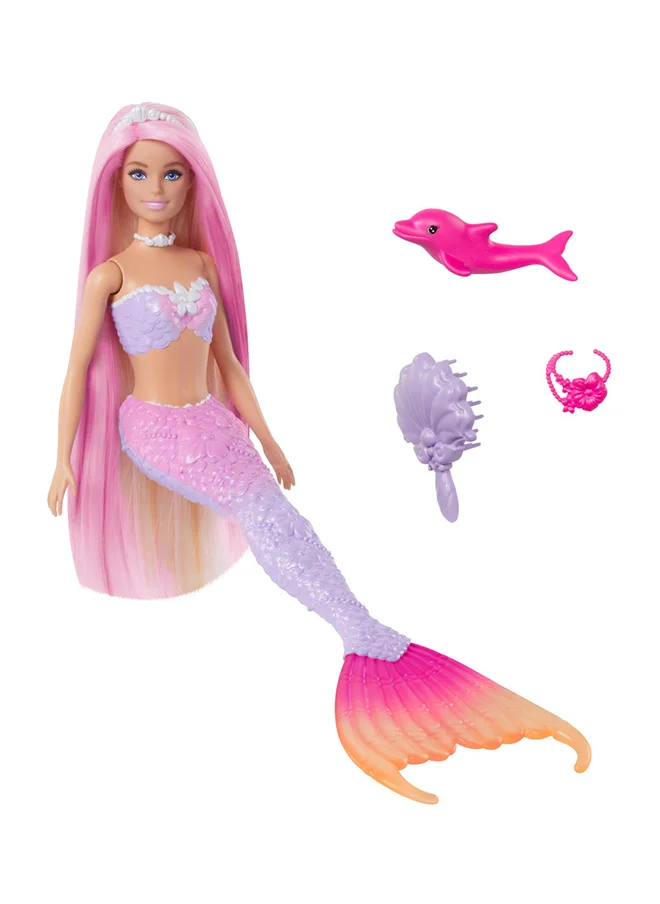 Barbie Mermaid Doll, “Malibu” With Pink Hair, Styling Accessories, Pet Dolphin And Water-Activated Color Change Feature