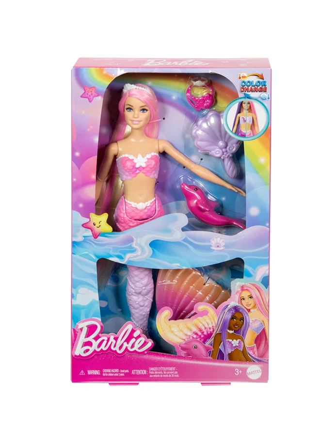 Barbie Mermaid Doll, “Malibu” With Pink Hair, Styling Accessories, Pet Dolphin And Water-Activated Color Change Feature