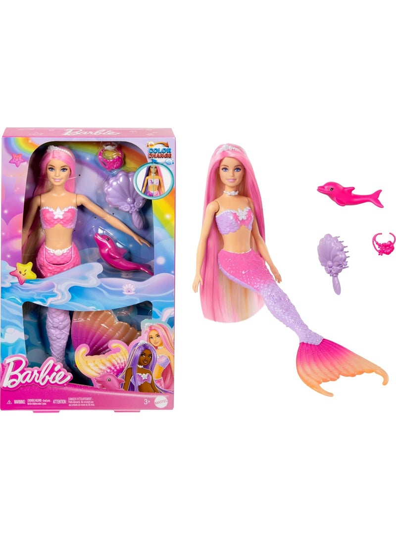 Barbie Mermaid Doll, “Malibu” With Pink Hair, Styling Accessories, Pet Dolphin And Water-Activated Color Change Feature - Image 1