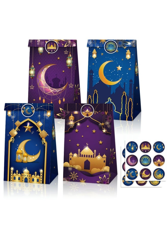 Chielor 12 Pieces Eid Mubarak Party Favor Bags with 18 Pieces Stickers, Ramadan Treat Gift Paper Bags Eid Sweet Candy Gift Bags Ramadan for Muslim Islamic Party Decoration (Blue, Purple) - Image 1