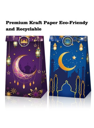 12 Pieces Eid Mubarak Party Favor Bags with 18 Pieces Stickers, Ramadan Treat Gift Paper Bags Eid Sweet Candy Gift Bags Ramadan for Muslim Islamic Party Decoration (Blue, Purple) - view 3