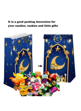 12 Pieces Eid Mubarak Party Favor Bags with 18 Pieces Stickers, Ramadan Treat Gift Paper Bags Eid Sweet Candy Gift Bags Ramadan for Muslim Islamic Party Decoration (Blue, Purple) - view 5